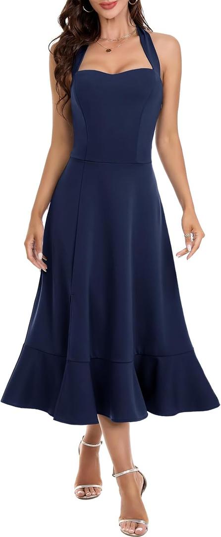 DRESSTELLS Women's Halter Cocktail Dresses 2025 Wedding Guest Formal Prom Bridesmaid Tea Length Split Ruffle Summer Dress (Blue, XL)