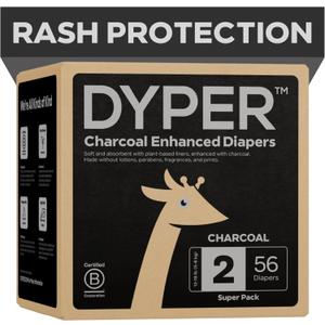 DYPER - Charcoal Enhanced Day & Overnight Disposable Baby Diapers - Made with Plant-Based* & Skin-Friendly Ingredients, Hypoallergenic for Sensitive Skin - Size 2, (56 Count)