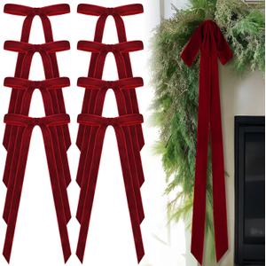 24 Pcs Velvet Bows Christmas Tree Ornaments Vintage Velvet Ribbon Bows for Tree Garland Wreath Indoor Xmas Decorations(10 x 18 Inch, Width of 1.5",Dark Red)