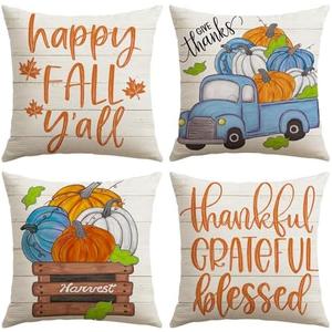 Pack of 2  Artscope Fall Decorative Throw Pillow Covers 16x16 Inch Set of 4, Happy Fall Pumpkin Truck Thankful Grateful Blessed Outdoor Farmhouse Pillow Cases for Home Sofa Couch-Orange Beige