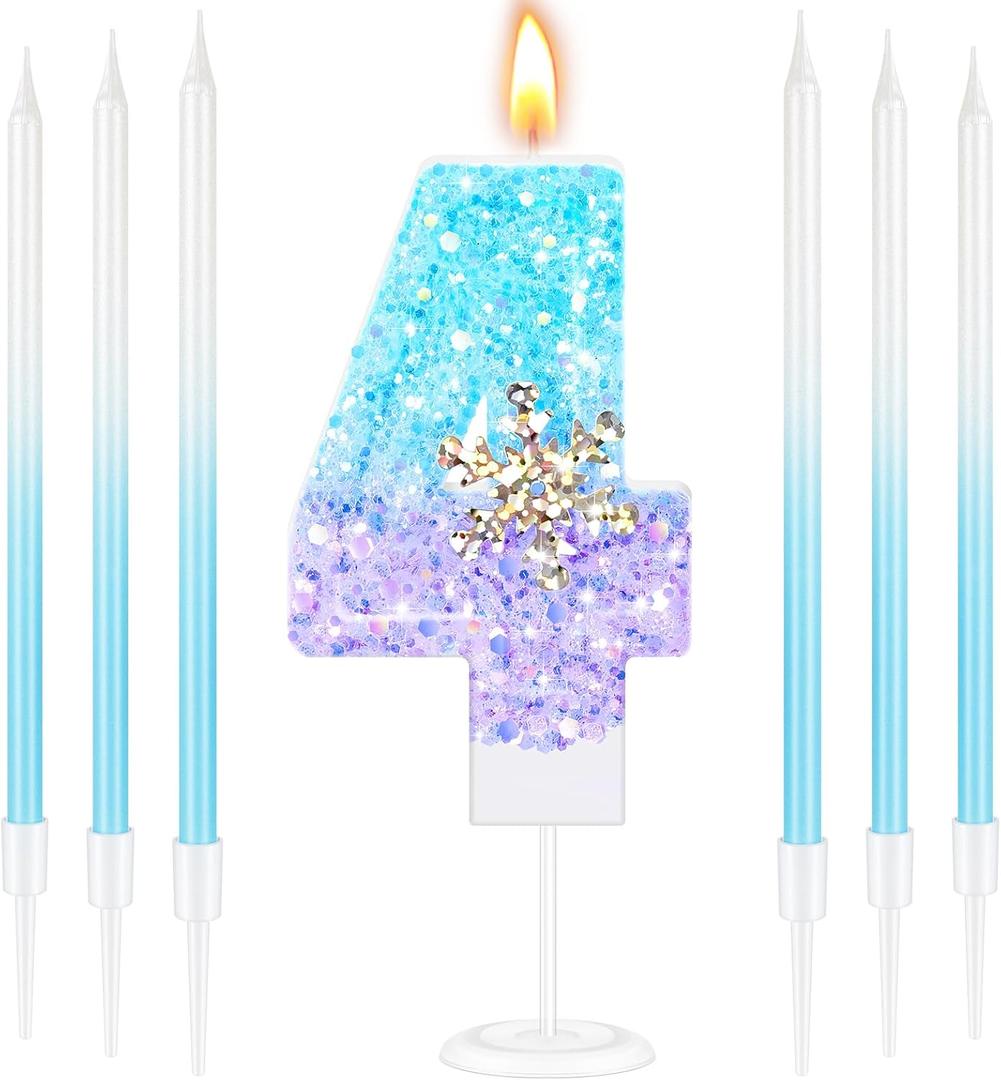 MTLEE Number 4 Birthday Candle Blue Snowflake with 6 Long Thin Cupcake Candles Blue Sparklers Glitter Number Happy Birthday Cake Topper Decorations for Winter Party Supplies