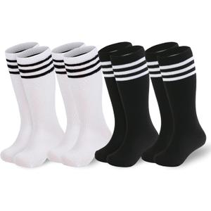 American Trends 4 Pairs Toddler Soccer Socks Kids Youth Baseball Sock Boys Girls knee High Striped Socks Cotton Tube Sock (4-6 Years, Black*2/White*2)