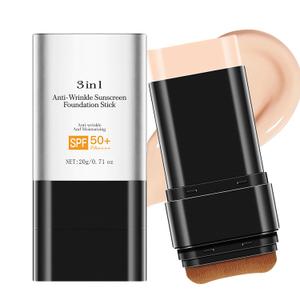 Foundation Stick with Brush, SPF 50, Hydrating Anti Wrinkle Non-Sticky Matte Finish Sun Protection for Face and Body, Long-lasting Travel Size Korean Skin Care Sun Stick (Light, 0.71oz)