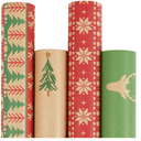 LaRibbons Kraft Christmas Wrapping Paper Set, 30 Inch X 10 Feet (4 Rolls: 100 Sq. Ft. Ttl) Snowflake, Green Tree, Deer Antlers and Gift Box Shapes Design for Xmas, Party, Holiday, Celebration