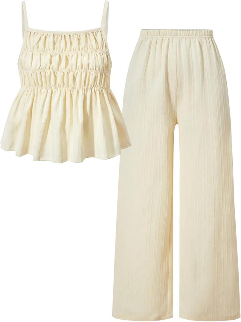 Girl's 2 Piece Vacation Holiday Outfits Ruffle Peplum Tops and Long Pants Set Summer Clothes (Apricot)