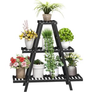 BMOSU Plant Stand Bamboo for Indoor Outdoor Tiered Plant Shelf 8 Potted Flower Holder Ladder Rack Garden Balcony Living Room Patio(3 Tier Black)