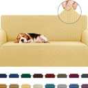 KEKUOU Stretch Loveseat Sofa Cover Slipcover, Couch Covers for 2 Cushion Couch Sofa (55"-78") Furniture Protector Sofa with Elastic Bottom for Kids, Dog. Jacquard Small Checked(Medium, Champagne)