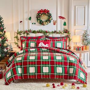  Christmas Duvet Cover Twin Size Red Green White Plaid Xmas Holiday Pattern Design, Soft Microfiber Duvet Cover with Zipper Closure