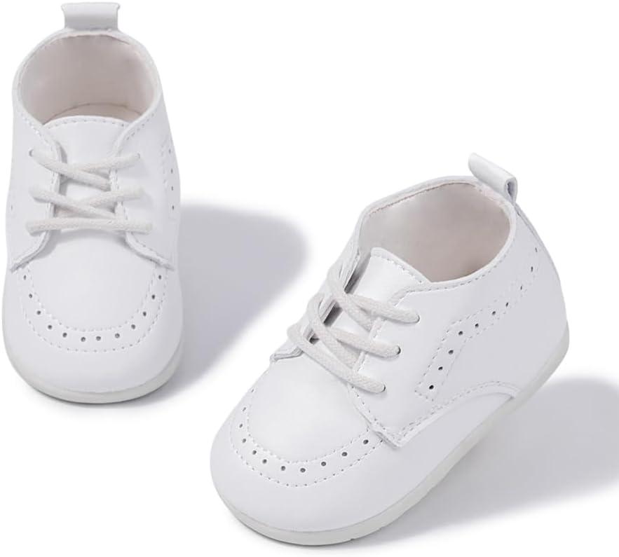Meckior Infant Baby Boys Girls Classic PU Leather Wedding Loafers Brogue Toddler Oxford Dress Shoes First Steps Walking Flat Lazy Crib Shoe (3-6 Months Infant, A02/White)