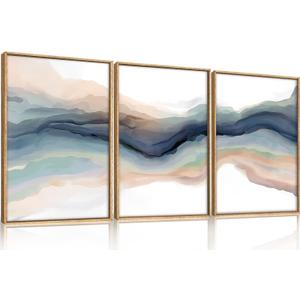 HLNIUC Blue Abstract Wall Art, Watercolor Line 24"x36" Framed Art Set of 3, Modern Wave Canvas Wall Decor, Natural Landscape Paint Stroke Prints for Living Room, Bedroom, Office (24L" x 36W")