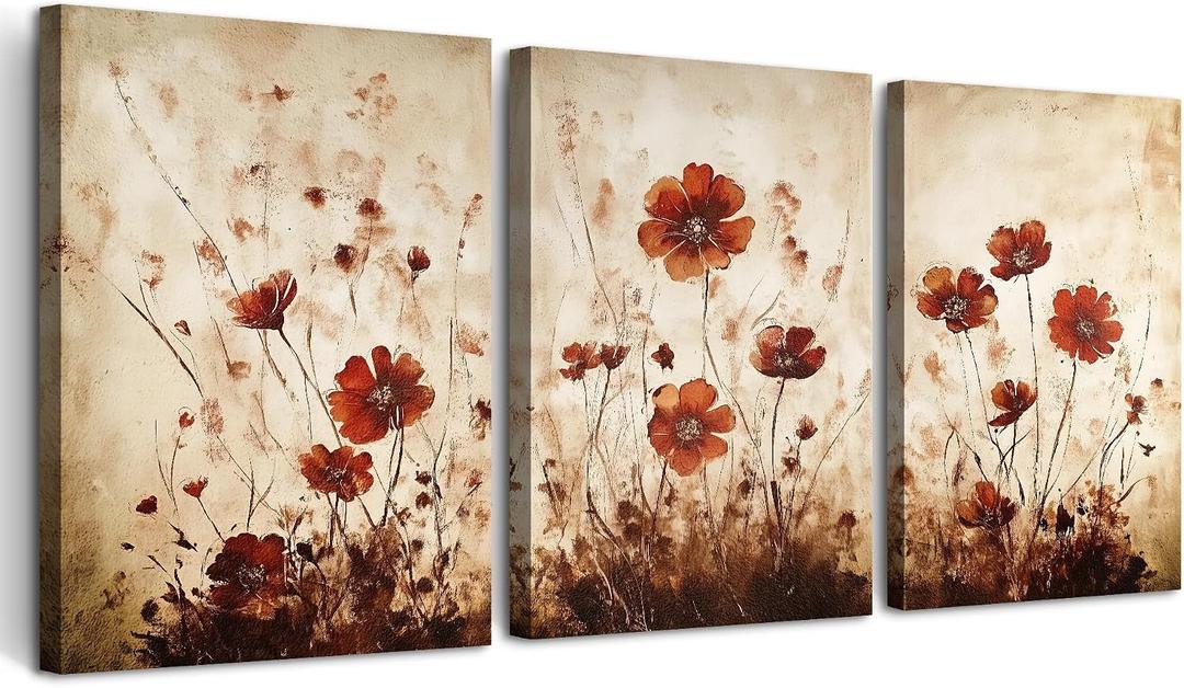 TTHYUEWS Boho Wall Decor for Bedroom Canvas Wall Art for Living Room Office Decorations Flowers Wall Pictures Watercolour Paintings Artwork Modern Aesthetic Bathroom Home Decor 3 Piece Ready To Hang, 12x16inches*3pcs