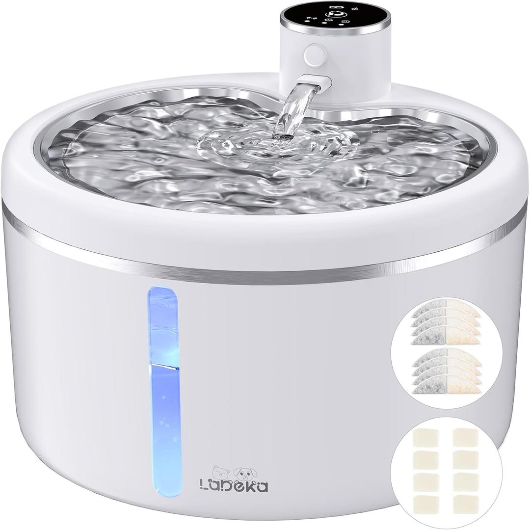 Wireless Cat Water Fountain with Stainless Steel Tray, 102oz/3L Pet Water Fountain for Cats Inside, Cat Fountain for Drinking with Motion Sensor, Ultra Quiet Pump, Cats & Dogs Gifts-8Filters