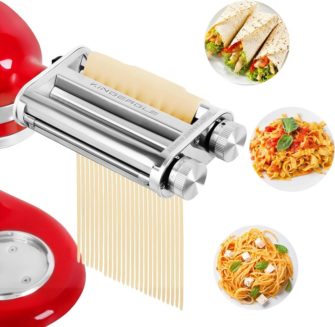 Pasta Maker Attachment for KitchenAid Stand Mixer, 3-in-1 Stainless Steel Pasta Roller with Spaghetti & Fettuccine Cutter, 8 Thickness Settings, 5.7-Inch Wide Sheets