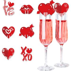 2 x Red Hearts Wine Glass Charms Markers Wine Cup Card Decoration Valentines Day Heart Love XOXO Red Lips Design for Drink Glass Identifiers Holiday Bar Party Decorations Accessorie-12Pcs