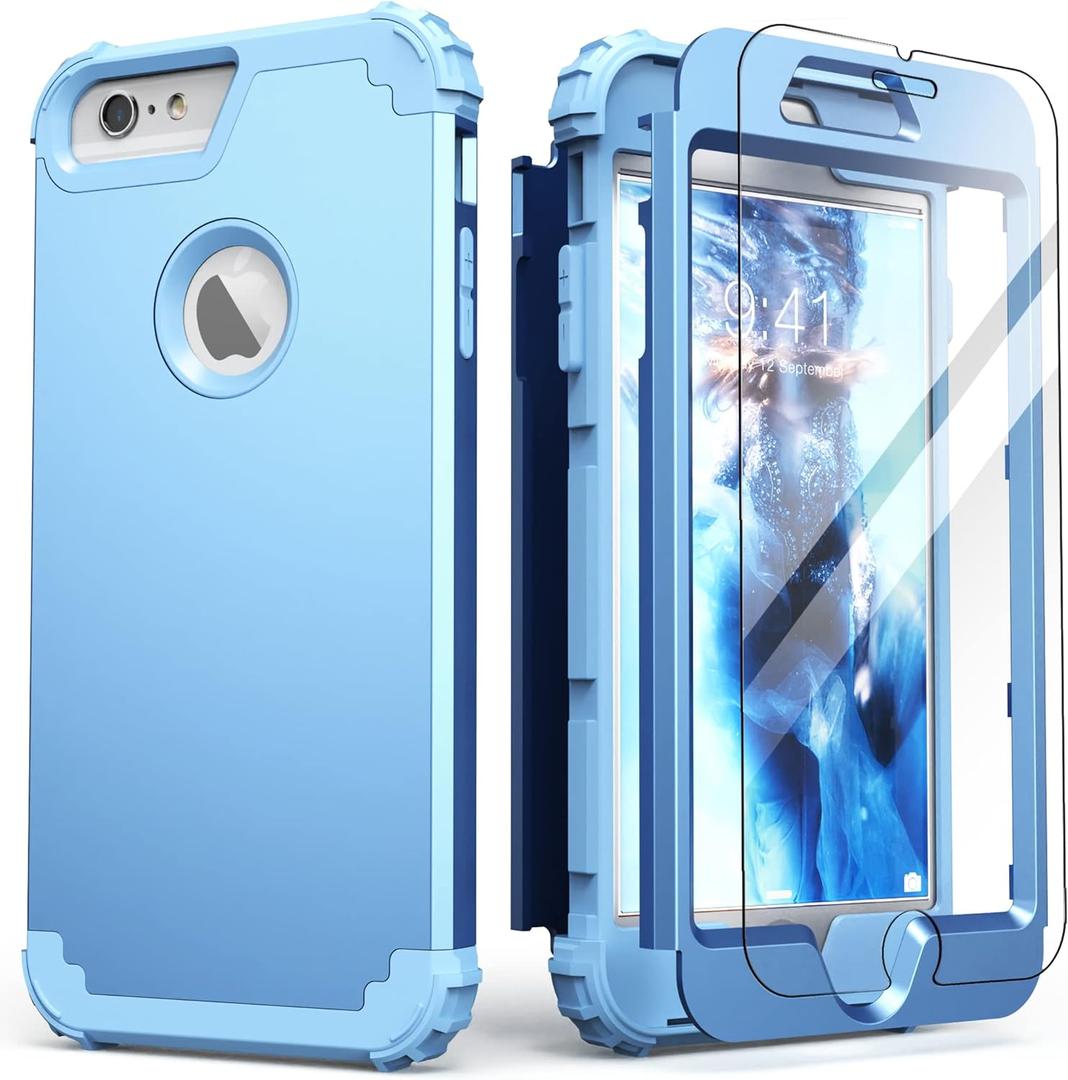 IDweel for iPhone 6S Plus Case with Screen Protector,for iPhone 6 Plus Case, 3 in 1 Shockproof Slim Hybrid Heavy Duty Hard PC Cover Soft Silicone Bumper Full Body Cover,Peace Blue/Peace Blue