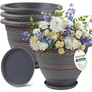 Usocik 4 Pack 16 Inch Large Plant Pots, Plastic Flower Pot for Indoor & Outdoor with Drainage Holes & Saucer, Plaid Pattern Planters Garden Pots for Herbs (Copper)