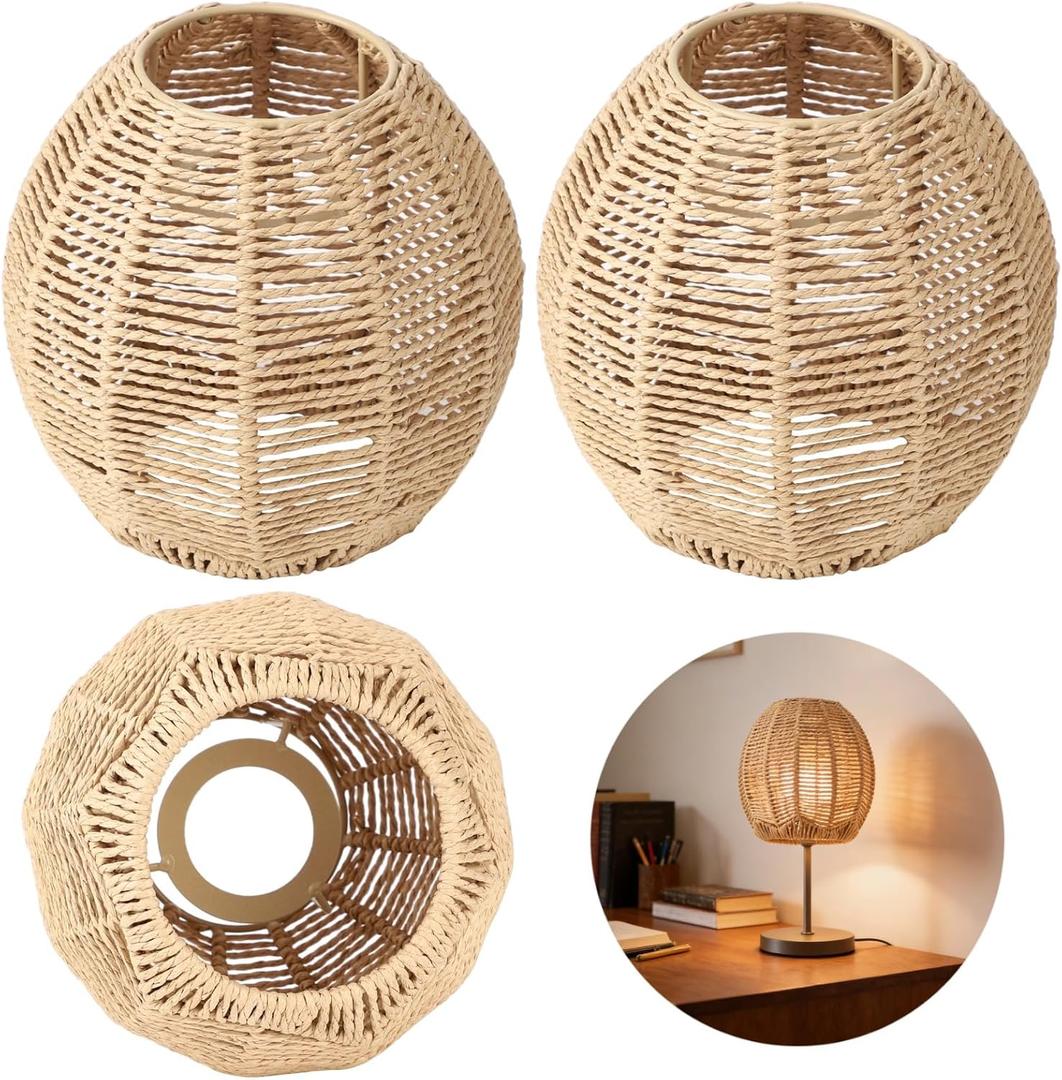 3PCS Pendant Light Shade,Rattan Lamp Shades Boho Chandelier Lamp Cover Nature Hand Woven Rattan Lampshade for Living Room, Bedroom, Ceiling Lamps,and Dining Room