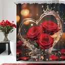 Riyidecor Valentine's Day Shower Curtain 60Wx72H Inch Red Rose Love Heart Shaped Flower Petals Modern Romantic Water Splash Waterdrop Elegant Bathroom Decor Fabric Polyester Waterproof 12 Pack Hooks