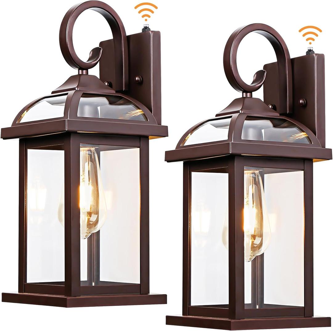 Dusk to Dawn Outdoor Lighting Oil Rubbed Bronze 2-Pack, 15 Inch Aluminum Anti-Rust Front Porch Lights with IP65 Clear Tempered Glass Exterior Light Fixtures for House Brown Carriage Lights