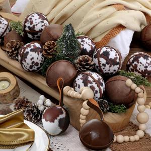 Syhood 12 Pcs Cowhide Printed Christmas Ball Ornaments 2.4 Inch Leather Western Ornaments Brown Cow Hanging Decoration Country Western Party Decor Rustic Holiday Xmas Decorations for Home Tree Gifts