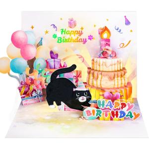 Birthday Cards, Cute Cat MUSIC & LIGHTS & BLOWABLE CANDLE Funny Pop up Happy Birthday Card, Birthday Gifts for Women Men Cat Lover Mom or Dad
