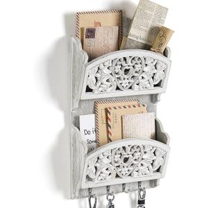 Mail Organizer with Key Holder,2-Slot Mail Holder with 4 Key Hooks for Wall Decorative, Wooden Hanging Organizer for File Letter in Shelf Home Farmhouse Decor for Entryway Office