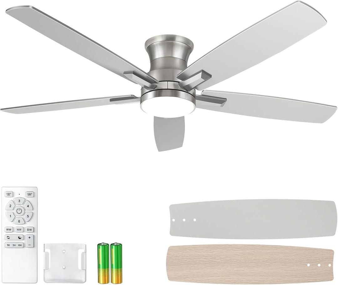52 Inch Flush Mount Brushed Nickel Ceiling Fan with Light and Remote Control.Noiseless,Dimmable,3CCT,6 Speeds Reversible, Low Profile DC Ceiling Fans for Indoor or Covered Outdoor Use,ETL Listed