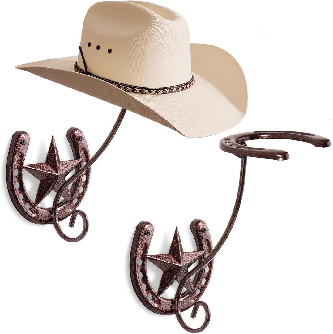 Cowboy Hat Rack for Wall Rustic Metal Cowboy Hat Holder 2 Pack Hat Hanger Western Wall Decor Horseshoe Hooks Storage Display Closet Bedroom Living Room Western Gift Antique Bronze