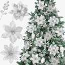 TUZAZO 30 PCS Poinsettia Flowers Artificial Christmas Tree Decorations, 3 Styles Silver Glitter Ornaments with Clips and Berry Stems for DIY Wreath Fireplace Stair Decor