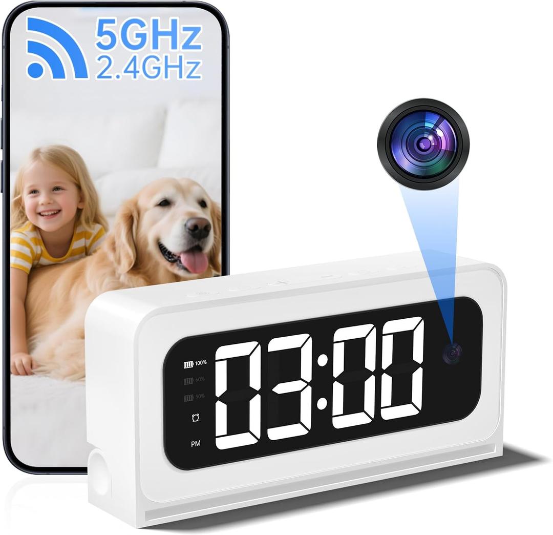 Smart Clock Camera,5G&2.4G WiFi Security Camera Indoor,2K Cameras for Home Security,3 in 1 Nanny Cam with Alarm,Color Night Vision Human Motion Detection,Local SD Recording