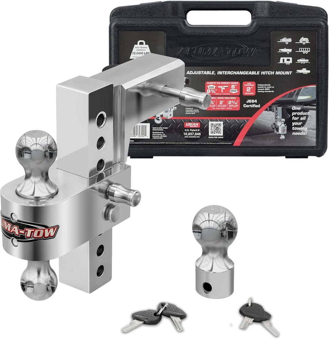 Aluma-Tow UT623911 Adjustable Trailer Hitch for 2-1/2" Receiver, 8" Drop, 12000 lb. GTW, Heavy Duty 1-7/8", 2" & 2-5/16" Hitch Balls, 2 Locking Pins 4 Keys, J684 Towing Spec's, U.S.Patent 10,857,846