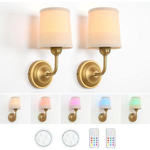 HEQIQEH Vintage Gooseneck Battery Operated Wall Sconce Light Fixture Set of 2 with Remote Control, Flared Funnel Linen Fabric Shade Dimmable Nightstand Lamps for Bedside Bedroom Living Room Lounge