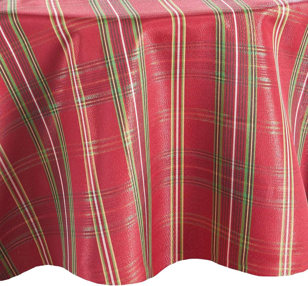 Elrene Home Fashions Shimmering Plaid Holiday Fabric Tablecloth, 60" x 84" Oval, Red