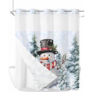 Christmas No Hook Shower Curtain with Snap in Liner, Snowman Snowflake Forest Shower Curtain for Bathroom Waterproof Winter Xmas Bath Curtain with See Through Mesh Top Window, 72" x 72"