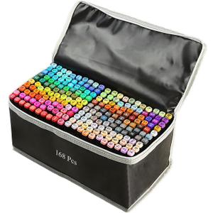 ZECHOMA 168 Colors Alcohol Markers Artist Drawing Art Dual Tip Markers Perfect for Kids Students Adult(168 Black Shell)