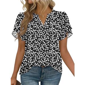 Zeagoo Womens Short Sleeve Tops Dressy Summer Casual Shirts Black Floral 2XL