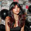 7JHH WIGS 26IN Long Hair Natural Black Highlight Red Wigs High Layered Cut Women Synthetic Heat Resistant Fiber Cutrain Bangs Wig for Women Fashion Edgy Daily Party Cosplay