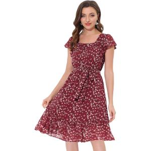 Allegra K Women's Midi Floral Chiffon Dress Flutter Sleeve Belted Square Neck Ruffled Dress (X-Large, Burgundy) Allegra K Women's Midi Floral Chiffon Dress Flutter Sleeve Belted Square Neck Ruffled Dress (X-Large, Burgundy)
