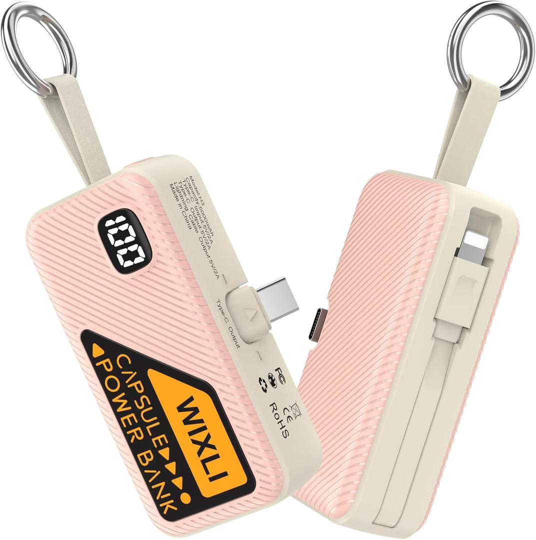 Portable Charger for iPhone 15 16 Power Bank, 5000mAh USB-C Portable Phone Charger with iOS Cable, Mini Battery Pack for iPhone 16 Pro/16 Plus/16 Promax/Android Phone/Samsung/Moto/LG etc (Pink)