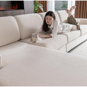 Sectional Couch Covers, Wear Resistant Stretch Sofa Covers Washable Soft Couch Cushion Covers Anti Slip Furniture Protector Sofa Slipcovers for Pets(3 Pieces 2 Seaters+1 Chaise, Ivory)