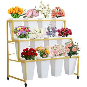 Flower Display Stand with 12Pcs Buckets, Flower Cart Display Stand with Wheels, 3 Tier Metal Plant Stand, Moving Heavy Duty Flower Cart Flower Rack for Florist Indoor Outdoor Patio Garden (Gold, 12pcs)