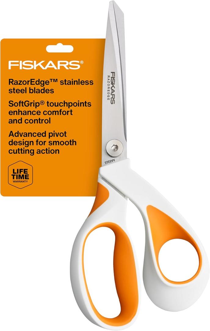 Fiskars RazorEdge Fabric Scissors, Heavy Duty Fabric Shears, Ultra-Sharp Stainless Steel Blades & SoftGrip Ergonomic Handle, 8, White/Orange