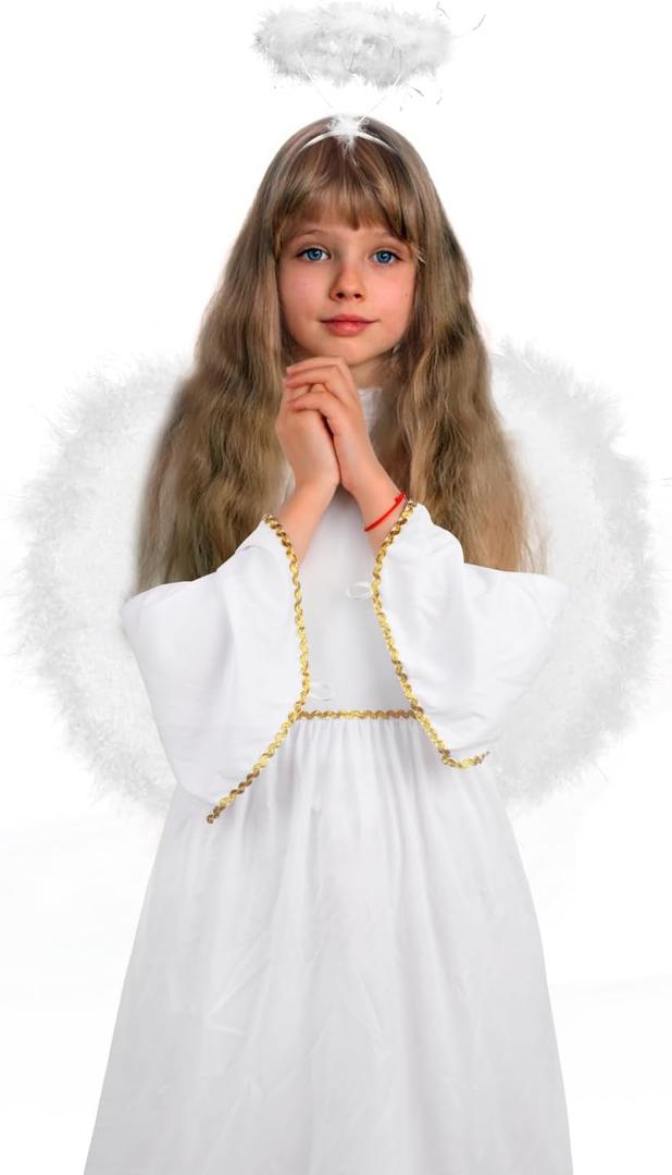DERAYEE Angel Costume for Kids, Heavenly White Angelic Gown with Wings Headband for Girls Christmas Cosplay Party (X-Large)