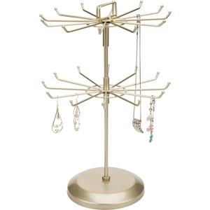 MyGift 2 Tier Brass Metal Jewelry Stand Rotating Necklace and Bracelet Organizer with 24 Hooks for storage, Multipurpose Accessory and Decorative Keychain Spinning Display Rack for women