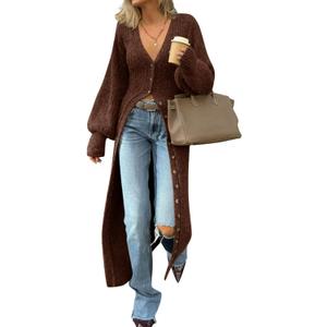 Saodimallsu Women's Long Cardigans V Neck Button Down Chunky Knit Dusters Sweater Coat Fall Trendy Maxi Sweater Dress (Large, Brown)