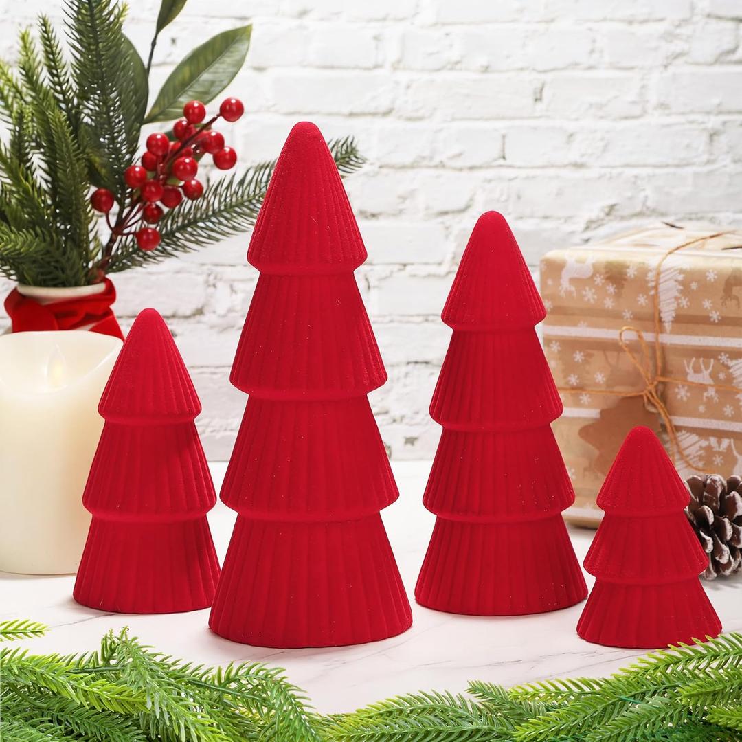 Aneco 4 Pack Velvet Ceramic Christmas Tree Christmas Indoor Decorations Modern Cone Xmas Tabletop Decor for Home Entryway Table Mantel Centerpiece Winter Holiday Party Supplies, Red