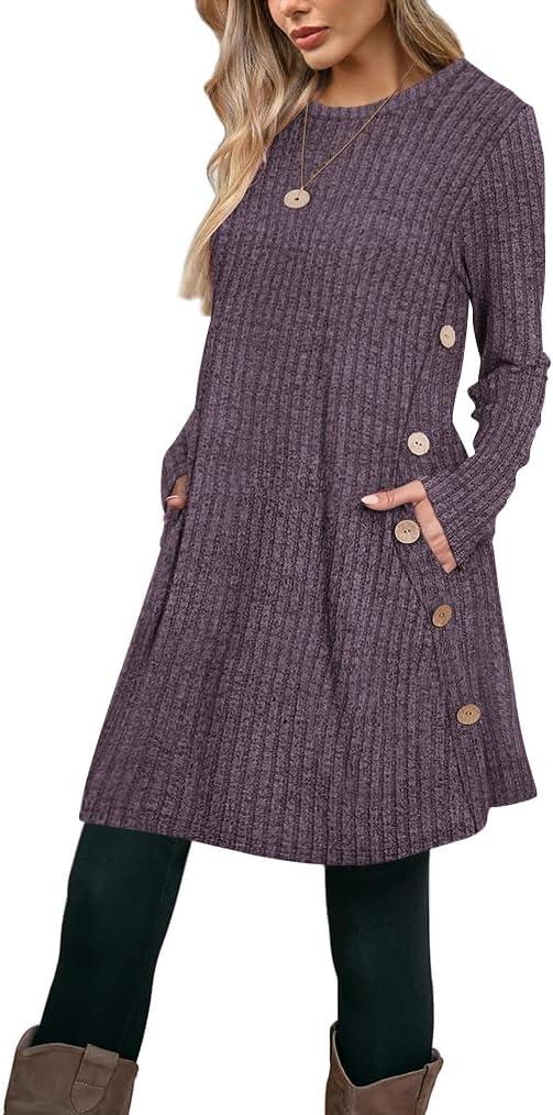 Poetsky Women Long Sleeve Tunic Tops to Wear with Leggings Side Buttons Long Shirts Rib Sweater Dress with Pockets S-3XL (Purple, XL)