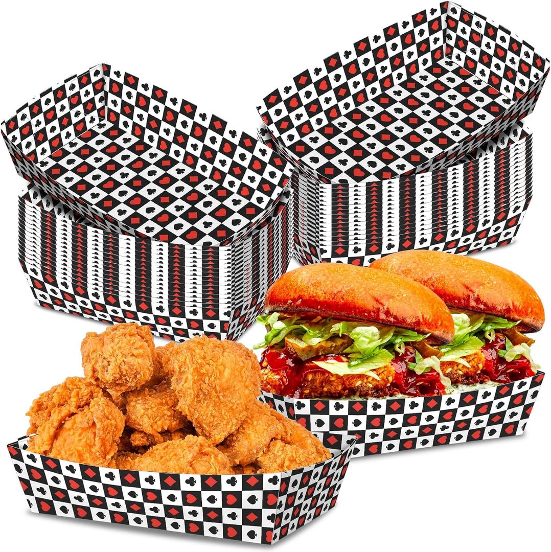 No Folding Required 50 Pack 2 Lb Casino Plates Paper Food Tray Poker Party Snack Bowls Chips Candy Popcorn Hot Dog Disposable Tray for Casino Theme Poker Party Game Night Decorations