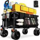 Navatiee Big Wheels Collapsible Wagon Cart Foldable, Heavy Duty Beach Wagon with Silent All-Terrain Wheels, Folding Utility Grocery Cart with Side Pocket and Brakes for Camping Garden Sports, Black