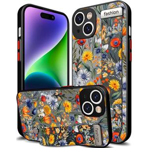 Compatible for iPhone 14 Case Cute with Strap Stand Finger Kickstand, Designer Cool Silicone Cases Funda Cover - Blue Unique Florals Kawaii